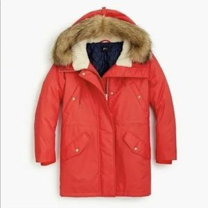NWT $350 J.Crew Winter Waxed Canvas Parka Primaloft Faux Fur Sz M Red